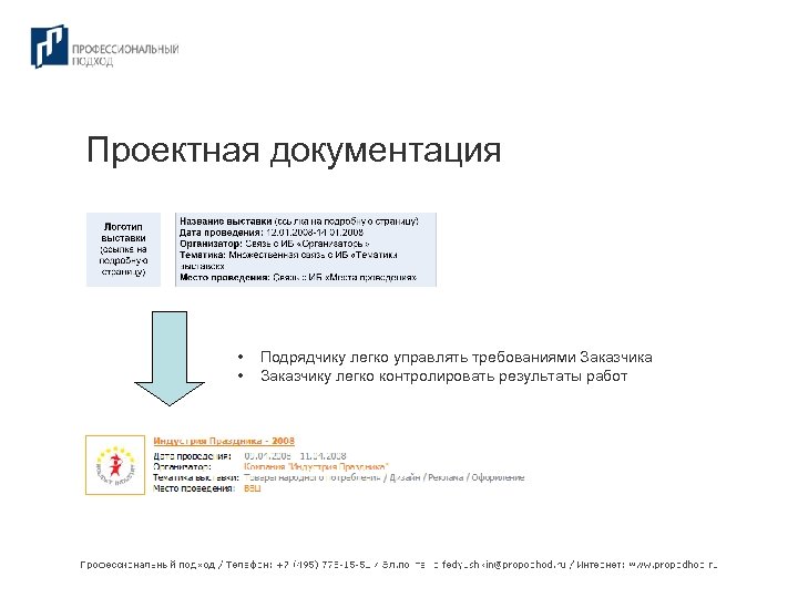Проектная документация • • Подрядчику легко управлять требованиями Заказчика Заказчику легко контролировать результаты работ