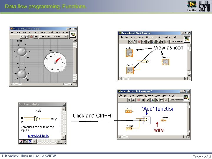 Data flow programming. Functions. View as icon “Add” function Click and Ctrl+H wire I.