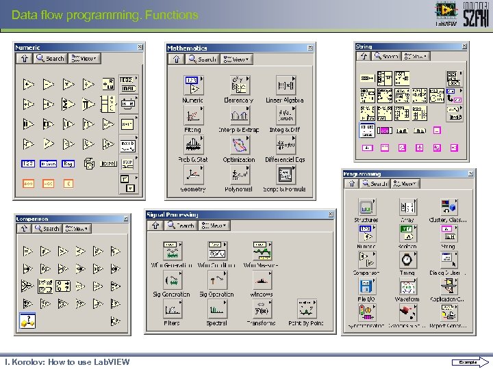 Data flow programming. Functions I. Korolov: How to use Lab. VIEW Example 