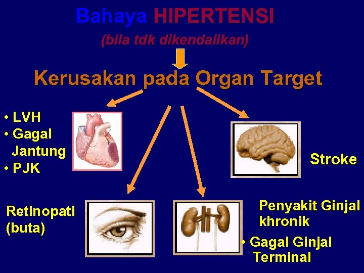 Bahaya HIPERTENSI (bila tdk dikendalikan) Kerusakan pada Organ Target • LVH • Gagal Jantung