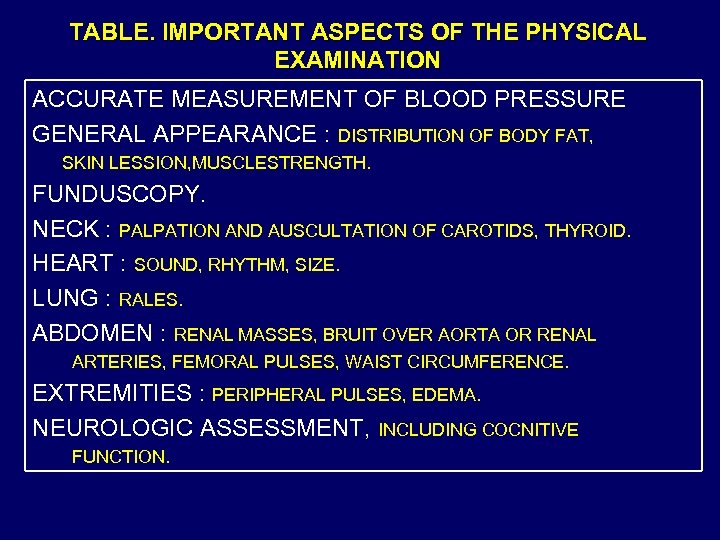 TABLE. IMPORTANT ASPECTS OF THE PHYSICAL EXAMINATION ACCURATE MEASUREMENT OF BLOOD PRESSURE GENERAL APPEARANCE