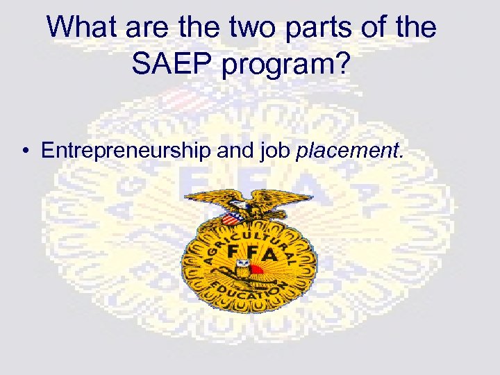 What are the two parts of the SAEP program? • Entrepreneurship and job placement.