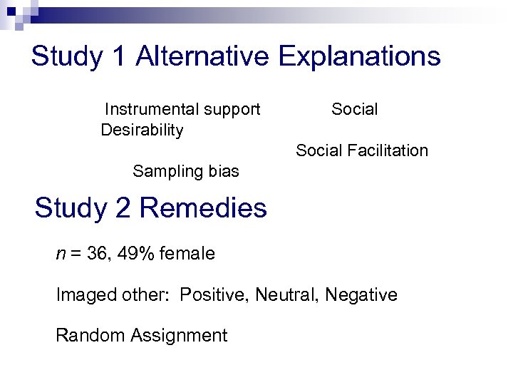 Study 1 Alternative Explanations Instrumental support Desirability Social Facilitation Sampling bias Study 2 Remedies