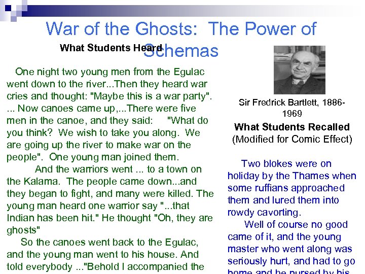 War of the Ghosts: The Power of What Students Heard Schemas One night two