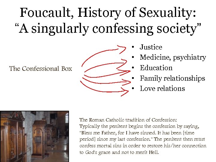 Foucault, History of Sexuality: “A singularly confessing society” The Confessional Box • • •