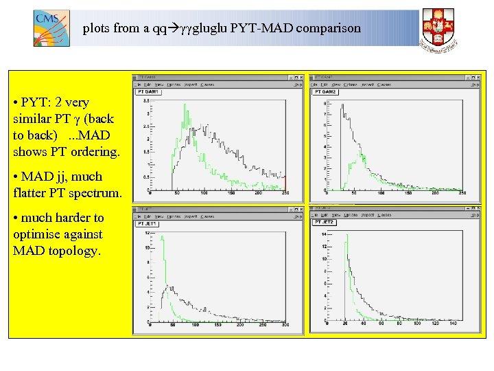 plots from a qq γγgluglu PYT-MAD comparison • PYT: 2 very similar PT γ