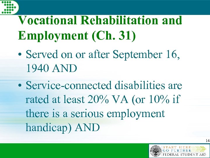 Vocational Rehabilitation and Employment (Ch. 31) • Served on or after September 16, 1940