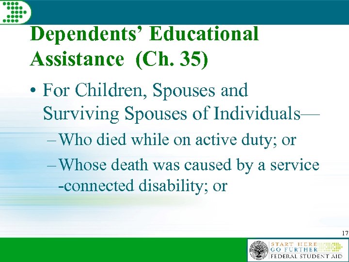 Dependents’ Educational Assistance (Ch. 35) • For Children, Spouses and Surviving Spouses of Individuals—
