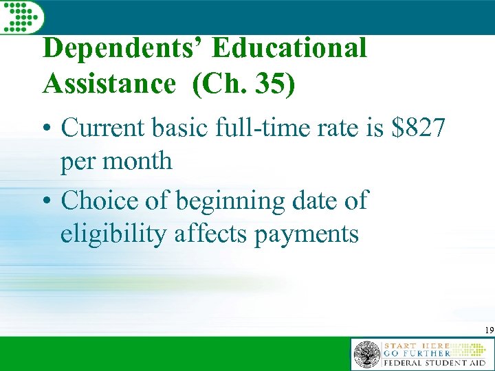 Dependents’ Educational Assistance (Ch. 35) • Current basic full-time rate is $827 per month