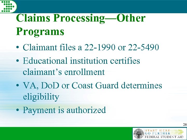 Claims Processing—Other Programs • Claimant files a 22 -1990 or 22 -5490 • Educational