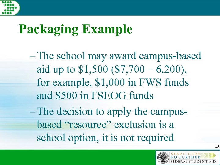 Packaging Example – The school may award campus-based aid up to $1, 500 ($7,