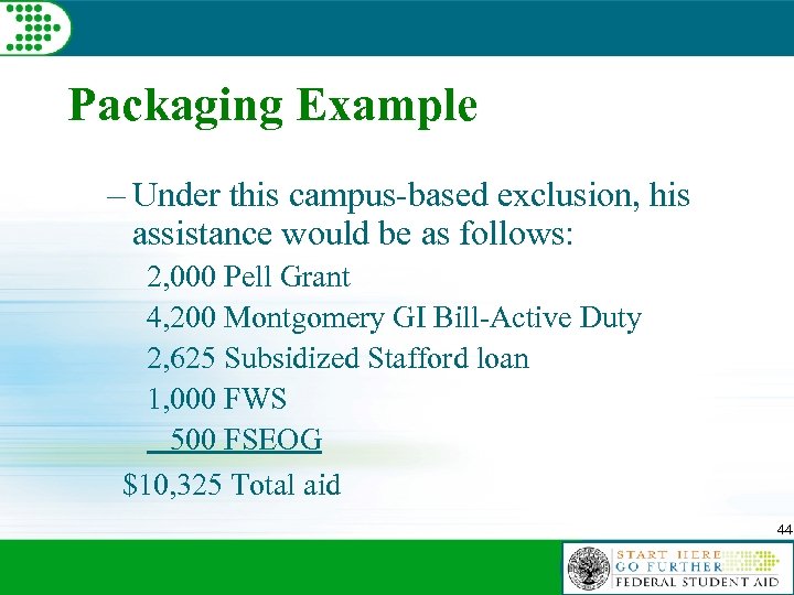 Packaging Example – Under this campus-based exclusion, his assistance would be as follows: 2,