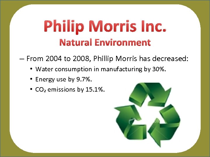 Philip Morris Inc. Natural Environment – From 2004 to 2008, Phillip Morris has decreased: