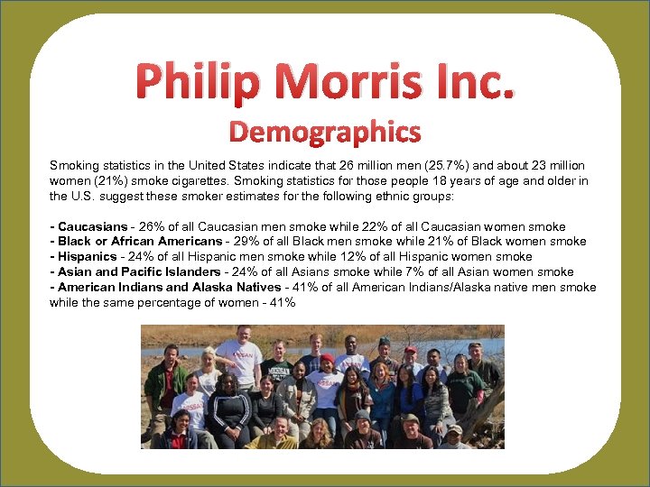 Philip Morris Inc. Demographics Smoking statistics in the United States indicate that 26 million