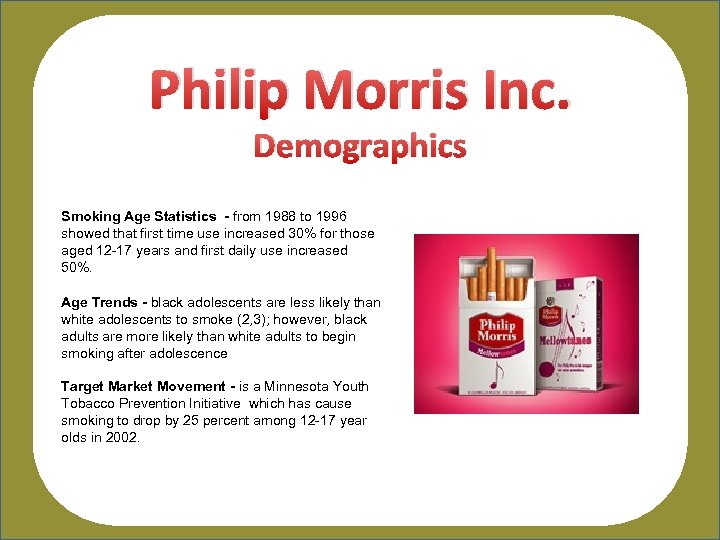 Philip Morris Inc. Demographics Smoking Age Statistics - from 1988 to 1996 showed that
