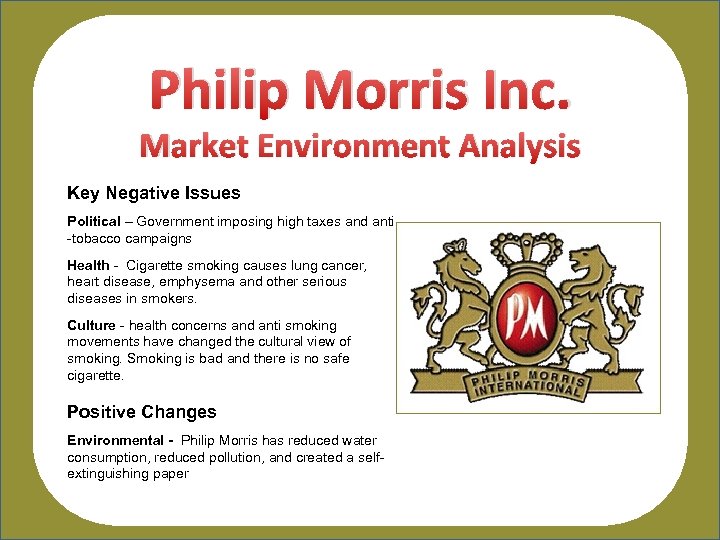 Philip Morris Inc. Market Environment Analysis Key Negative Issues Political – Government imposing high