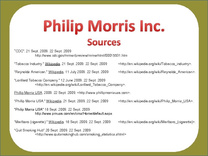 Philip Morris Inc. Sources “CDC”. 21 Sept. 2009. 22 Sept. 2009 http: //www. cdc.