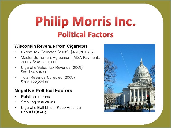 Philip Morris Inc. Political Factors Wisconsin Revenue from Cigarettes • • Excise Tax Collected