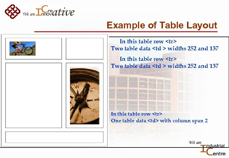 Example of Table Layout In this table row <tr> Two table data <td >