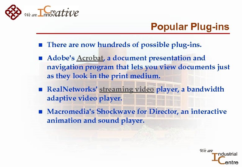 Popular Plug-ins n There are now hundreds of possible plug-ins. n Adobe's Acrobat, a