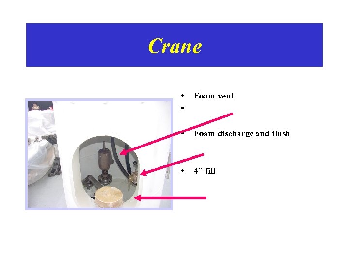 Crane • • Foam vent • Foam discharge and flush • 4” fill 