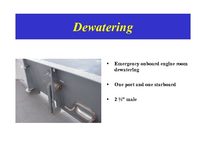 Dewatering • Emergency onboard engine room dewatering • One port and one starboard •