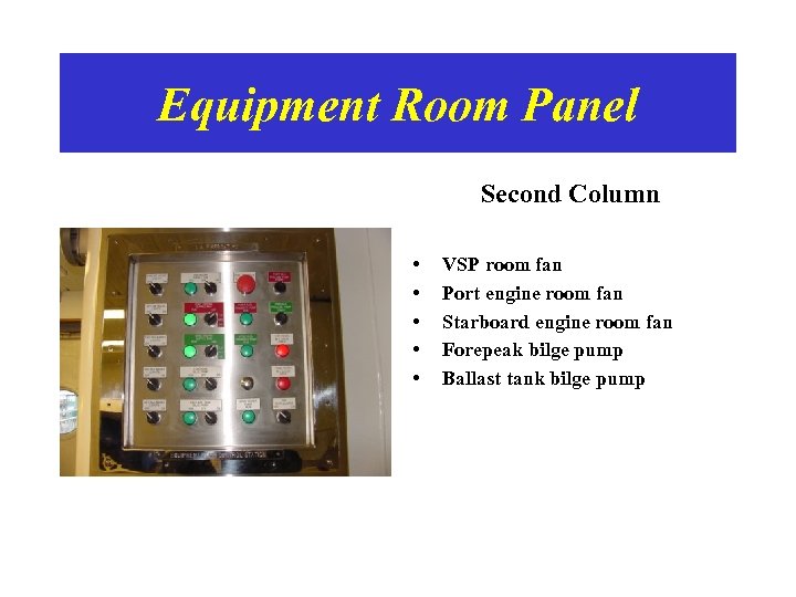 Equipment Room Panel Second Column • • • VSP room fan Port engine room