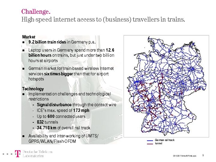 Challenge. High-speed internet access to (business) travellers in trains. Market n 9. 2 billion