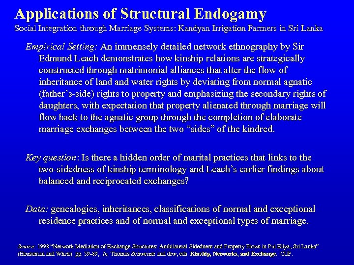Applications of Structural Endogamy Social Integration through Marriage Systems: Kandyan Irrigation Farmers in Sri