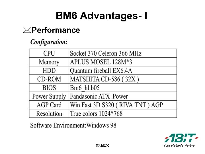 BM 6 Advantages- I *Performance BM 6 SK Your Reliable Partner 