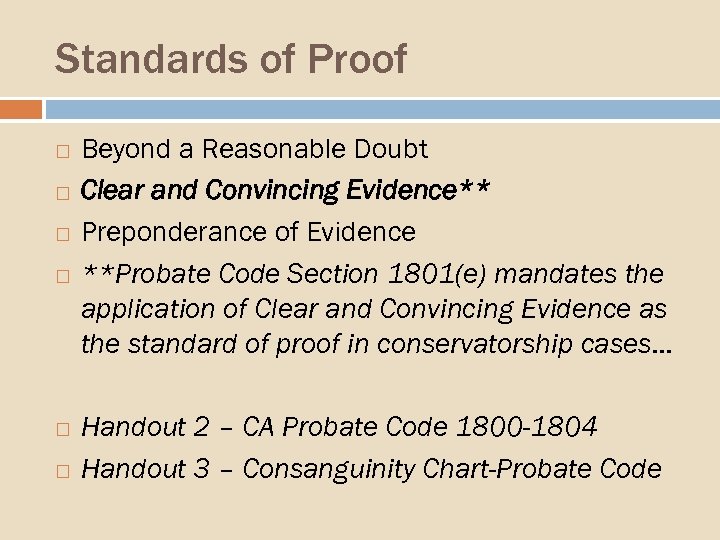 Standards of Proof Beyond a Reasonable Doubt Clear and Convincing Evidence** Preponderance of Evidence