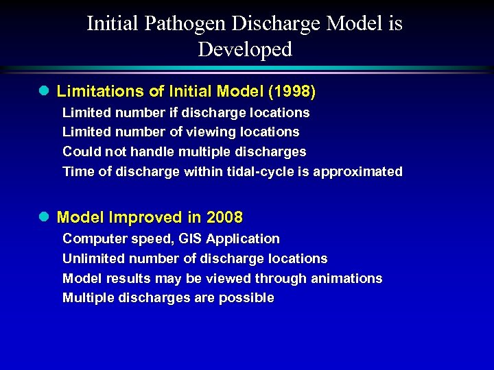 Initial Pathogen Discharge Model is Developed l Limitations of Initial Model (1998) Limited number