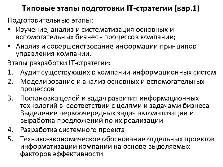 Типовые этапы подготовки IT-стратегии (вар. 1) Подготовительные этапы: • Изучение, анализ и систематизация основных