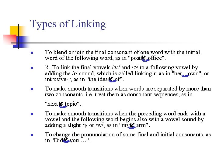 Types of Linking n n n To blend or join the final consonant of