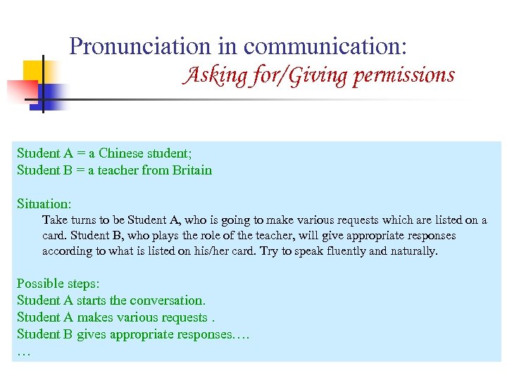 Pronunciation in communication: Asking for/Giving permissions Student A = a Chinese student; Student B