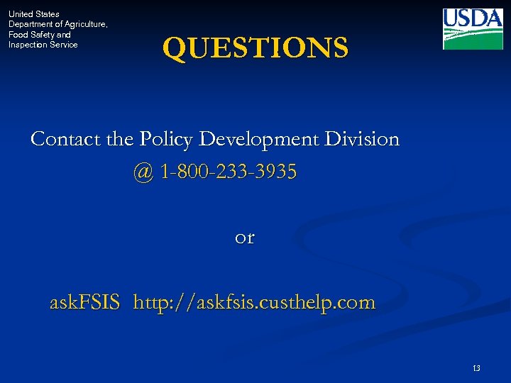 United States Department of Agriculture Food Safety and