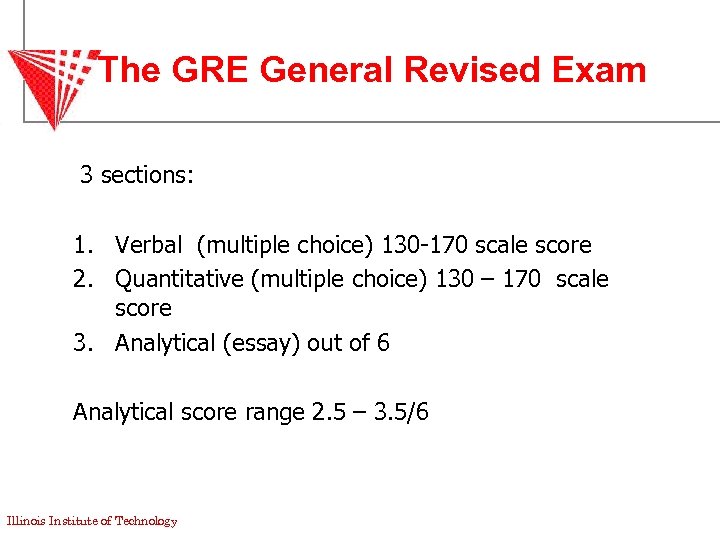 The GRE General Revised Exam 3 sections: 1. Verbal (multiple choice) 130 -170 scale