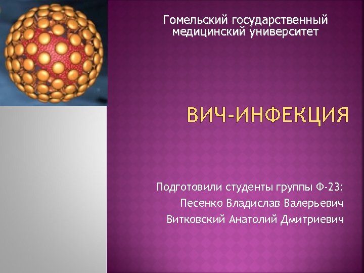Гомельский государственный медицинский университет ВИЧ-ИНФЕКЦИЯ Подготовили cтуденты группы Ф-23: Песенко Владислав Валерьевич Витковский Анатолий