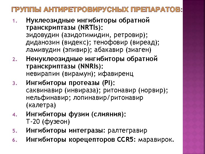 ГРУППЫ АНТИРЕТРОВИРУСНЫХ ПРЕПАРАТОВ: 1. Нуклеозидные ингибиторы обратной транскриптазы (NRTls): зидовудин (азидотимидин, ретровир); диданозин (видекс);