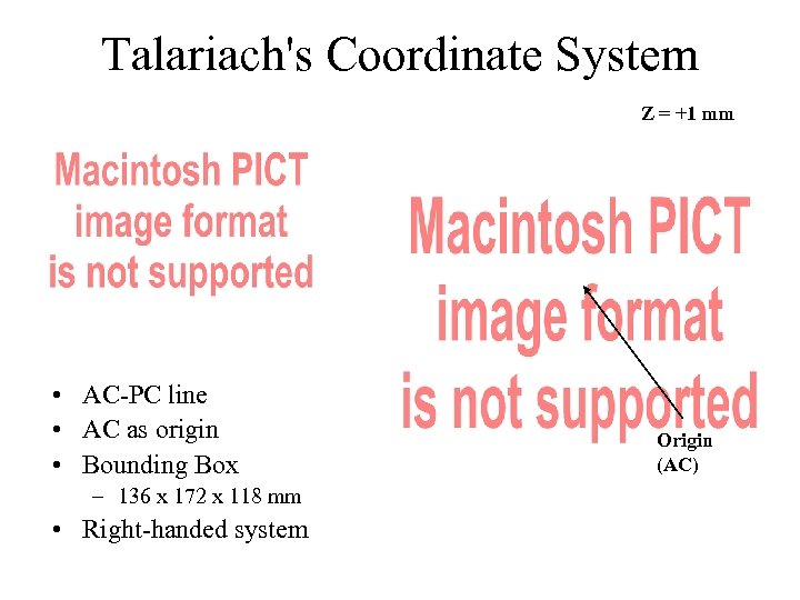 Talariach's Coordinate System Z = +1 mm • AC-PC line • AC as origin
