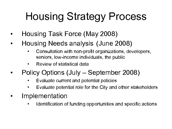 Housing Strategy Process • • Housing Task Force (May 2008) Housing Needs analysis (June