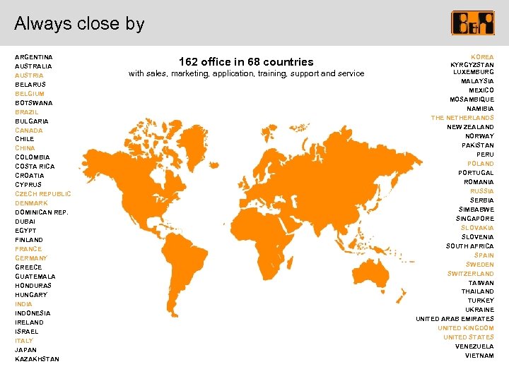 Always close by ARGENTINA AUSTRALIA AUSTRIA BELARUS BELGIUM BOTSWANA BRAZIL BULGARIA CANADA CHILE CHINA
