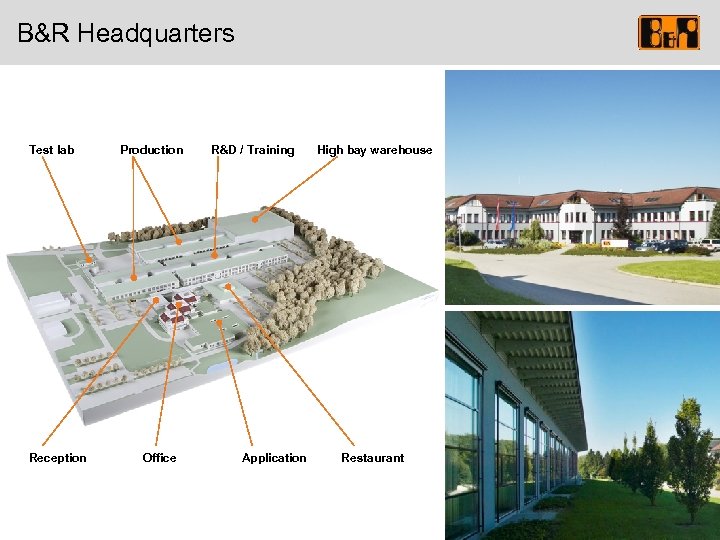 B&R Headquarters Test lab Reception Production Office R&D / Training Application High bay warehouse