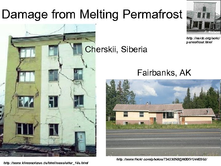 Damage from Melting Permafrost F. Nelson http: //nsidc. org/sotc/ permafrost. html Cherskii, Siberia Fairbanks,