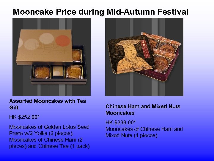 Mooncake Price during Mid-Autumn Festival Assorted Mooncakes with Tea Gift HK $252. 00* Mooncakes