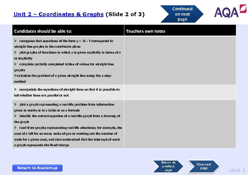 Unit 2 – Coordinates & Graphs (Slide 2 of 3) Candidates should be able