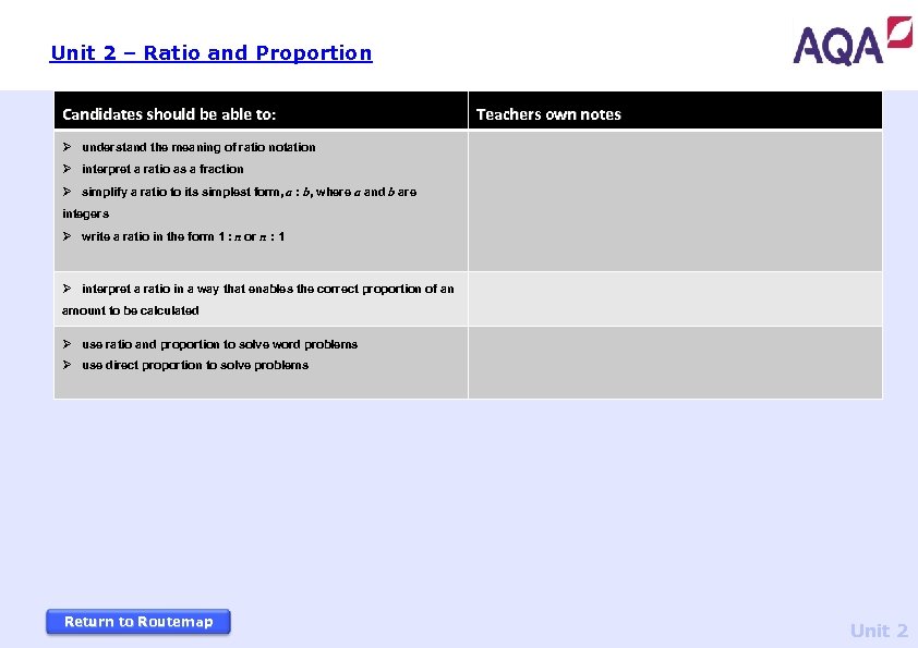 Unit 2 – Ratio and Proportion Candidates should be able to: Teachers own notes
