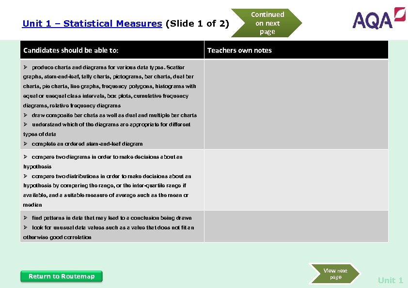 Unit 1 – Statistical Measures (Slide 1 of 2) Candidates should be able to: