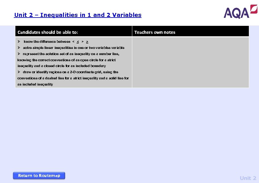 Unit 2 – Inequalities in 1 and 2 Variables Candidates should be able to: