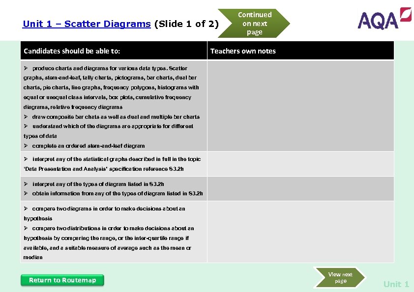Unit 1 – Scatter Diagrams (Slide 1 of 2) Candidates should be able to: